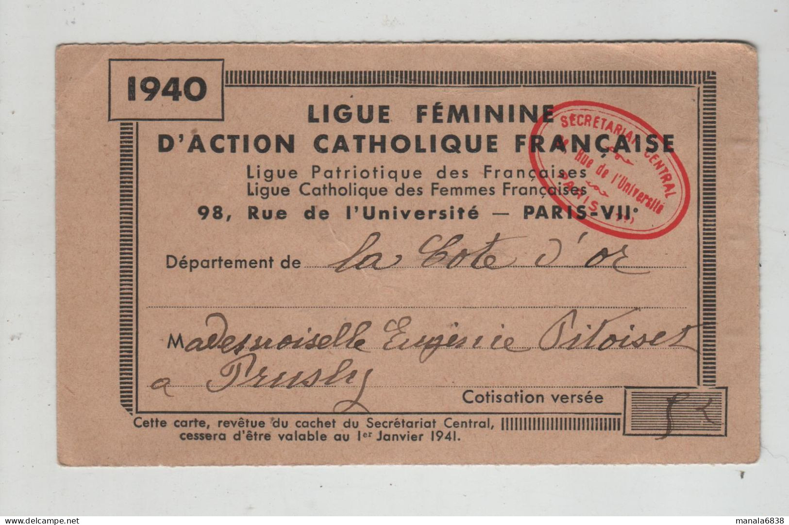 Ligue Féminine D'Action Catholique Française Paris Pitoiset Côte D'Or 1940 - Tessere Associative