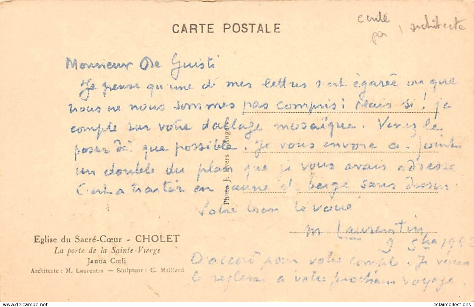 Cholet          49        Divers. Le Sacré Coeur. Carte écrite Par L'architecte Pour M. De Guisti   (rare)   (Voir Scan) - Cholet