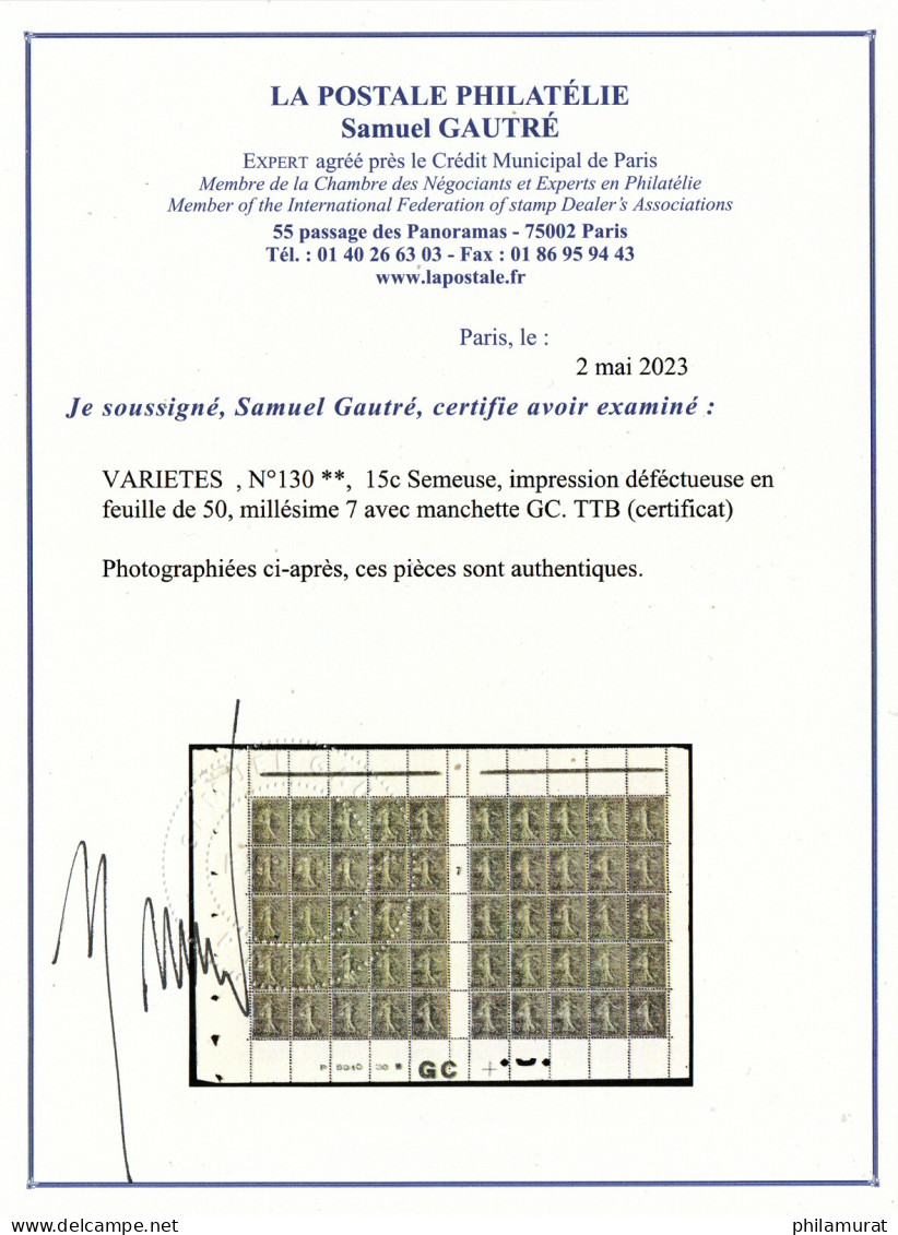 N°130 Variété "impression Défectueuse" En Papier GC, Neuf ** Certificats BEHR - Neufs