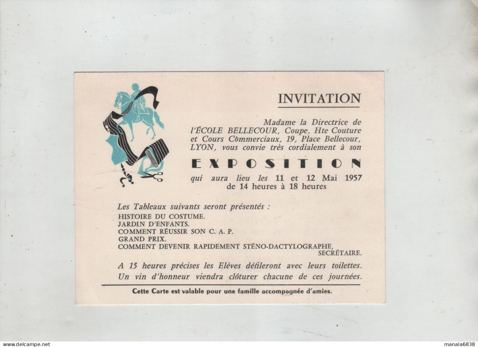 Invitation Ecole Bellecour Coupe Haute Couture Cours Commerciaux Exposition 1957 - Ohne Zuordnung