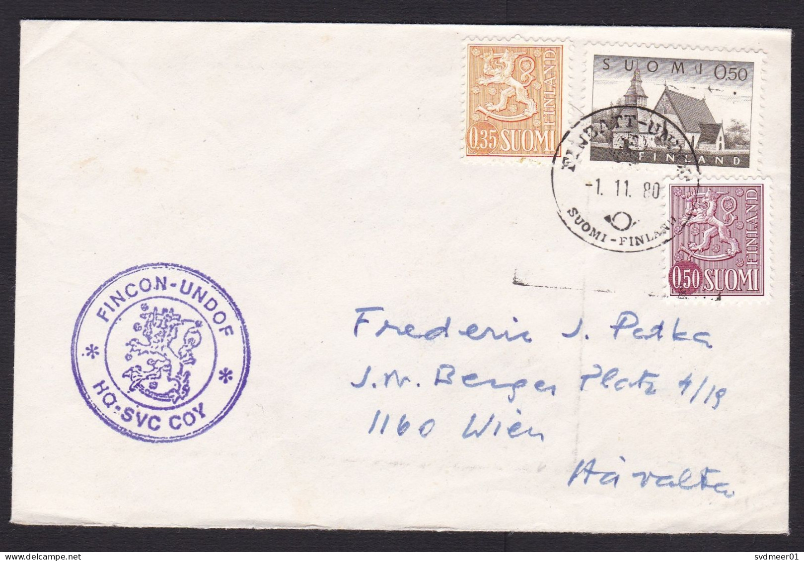 Finland: Cover To Austria, 1980, 3 Stamps, Military Cancel UNDOF, UN Forces Golan, Syria-Israel, Rare (traces Of Use) - Brieven En Documenten