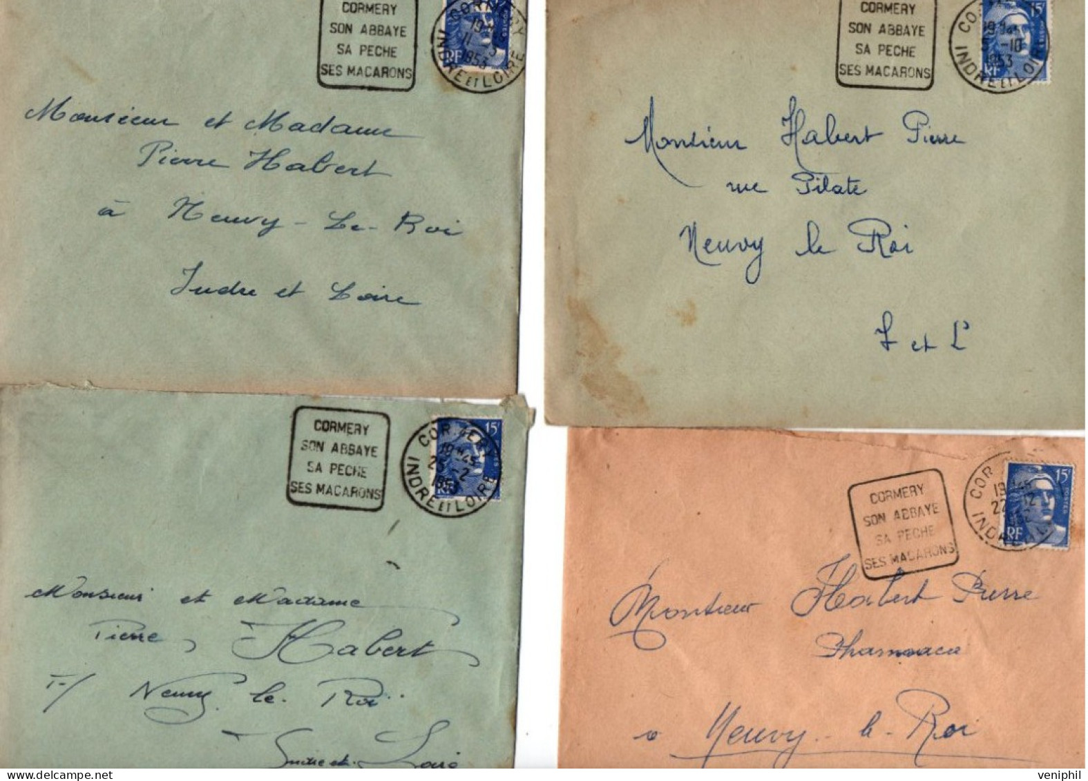 4 LETTRES OBLITERATIONS DAGUIN " CORMERY SON ABBAYE SA PECHE -SES MACARONS -INDRE ET LOIRE -1953 - Mechanical Postmarks (Other)