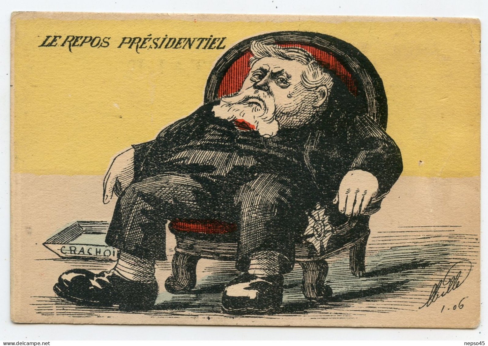 Illustrateur Mille.caricature Satirique Armand Fallière  "  Le Repos Présidentiel " Son Crachoir En Bas De Son Siège  " - Mille