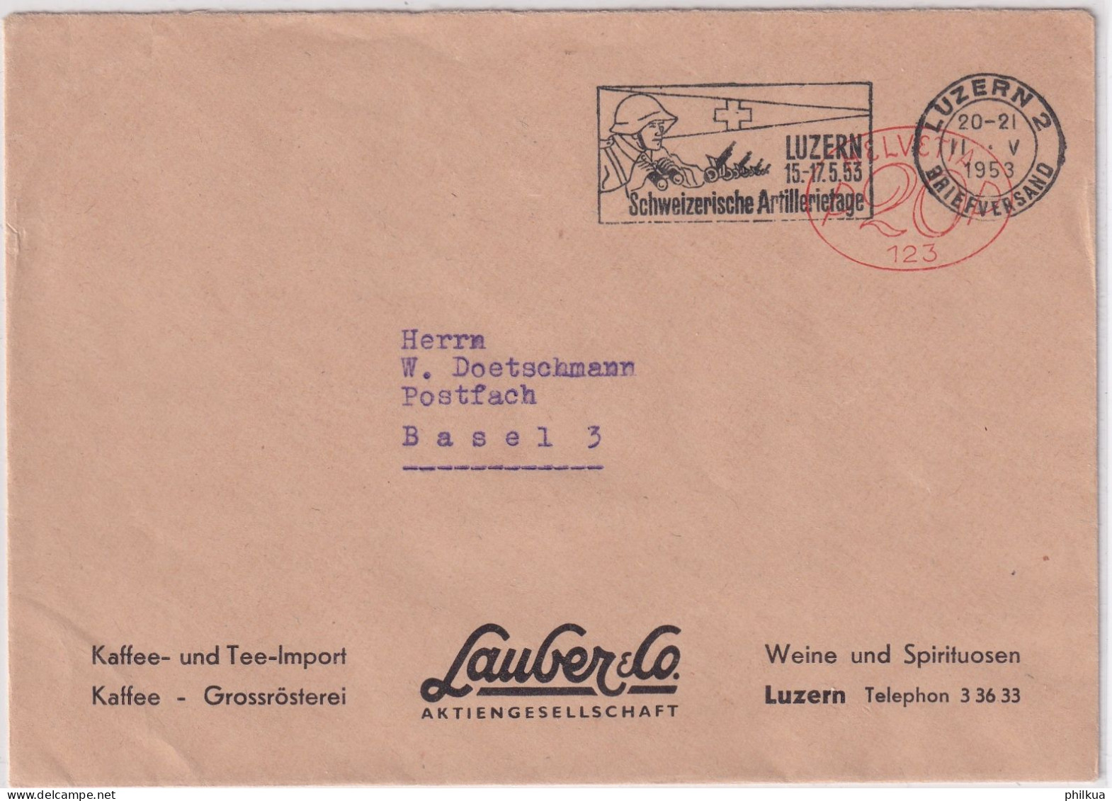 20 Rp. Freistempel Auf Firmenbrief Kaffee- Und Tee-Import Lauber & Co LUZERN Flagge Schweizer Artillerietage 1953 - Affranchissements Mécaniques