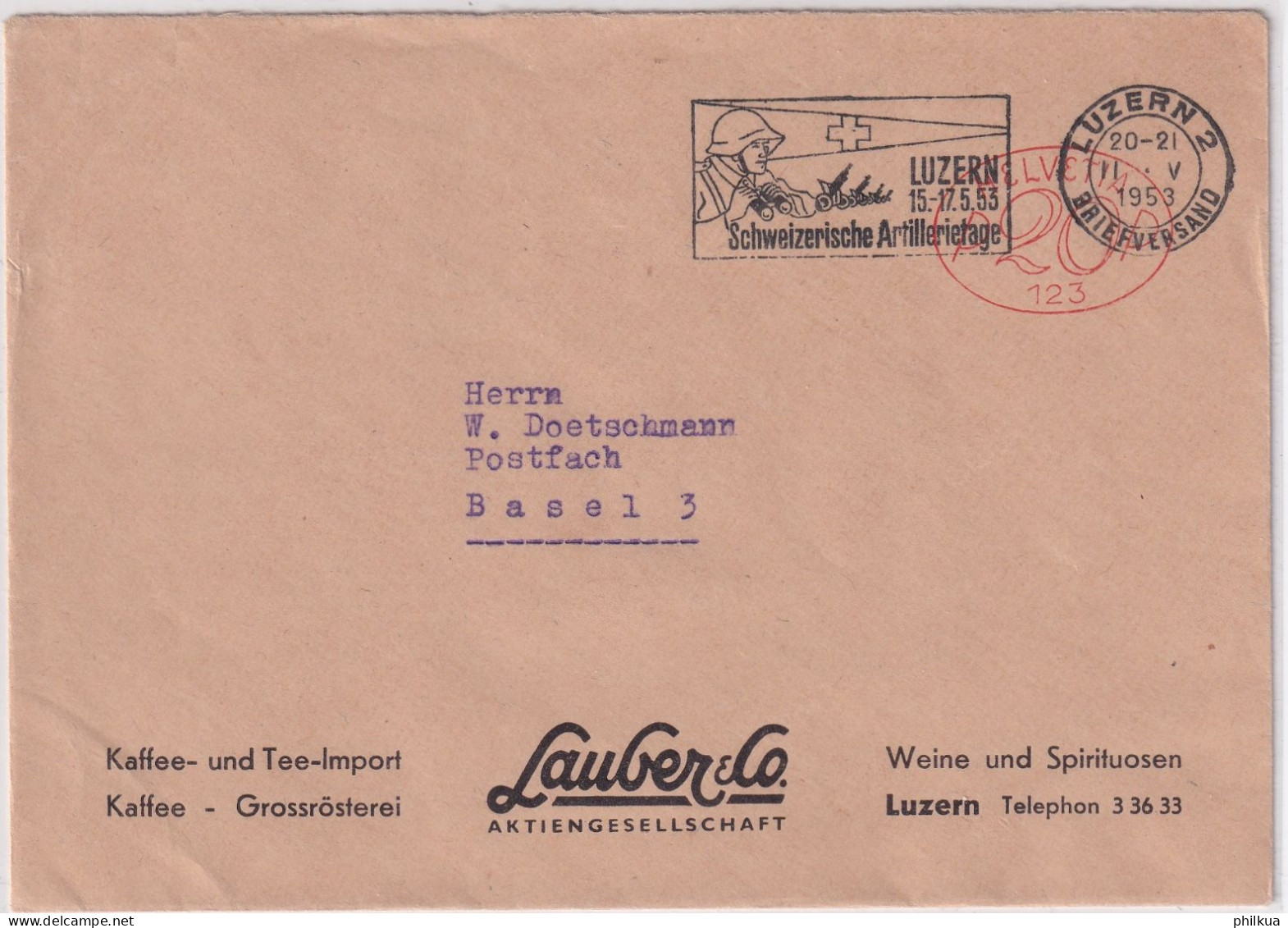 20 Rp. Freistempel Auf Firmenbrief Kaffee- Und Tee-Import Lauber & Co LUZERN Flagge Schweizer Artillerietage 1953 - Postage Meters