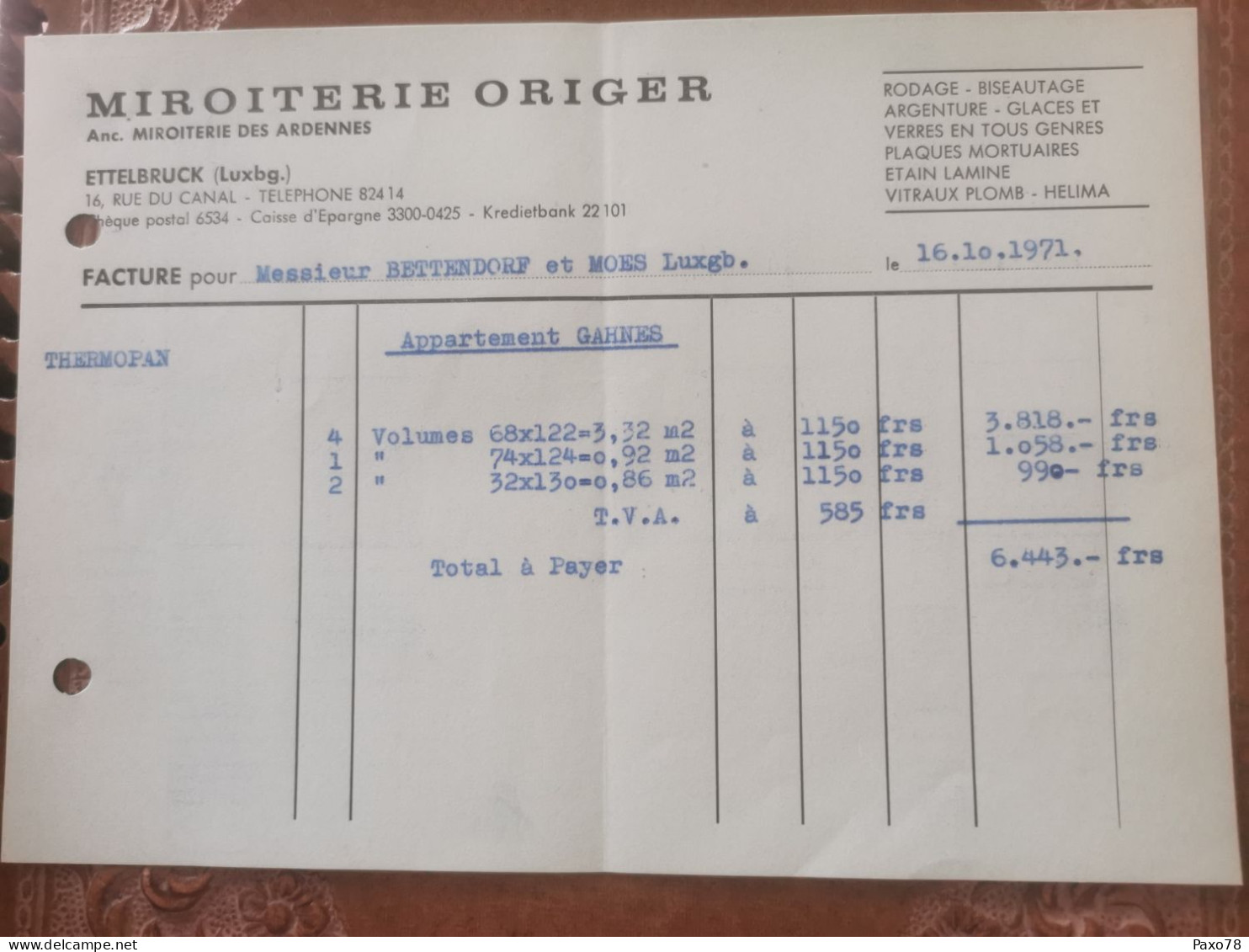 Facture Luxembourg, Miroiterie Origer, Ettelbruck 1971 - Luxemburg