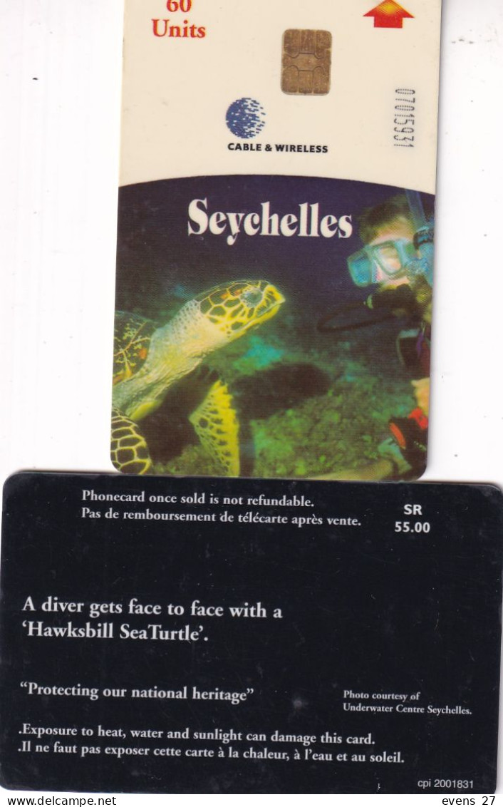 SEYCHELLES-60 UNITS-HAWKSBILL TURTLE-CHIP PHONECARD-USED. - Seychelles