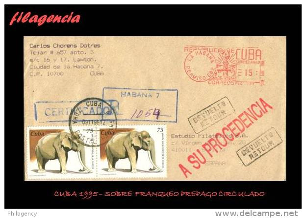 CUBA. ENTEROS POSTALES. SOBRE FRANQUEO MECÁNICO 1995. SOBRE CIRCULADO HABANA-SEVILLA-HABANA - Storia Postale