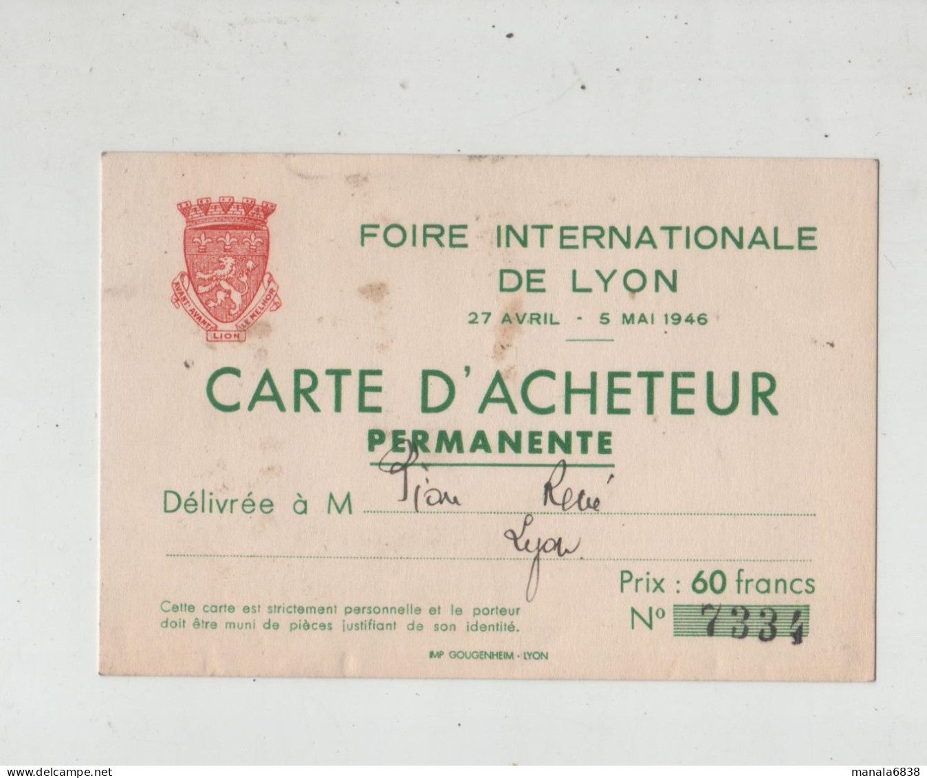 Foire Internationale De Lyon Carte D'acheteur Permanente Pion Lyon 1946 - Ohne Zuordnung
