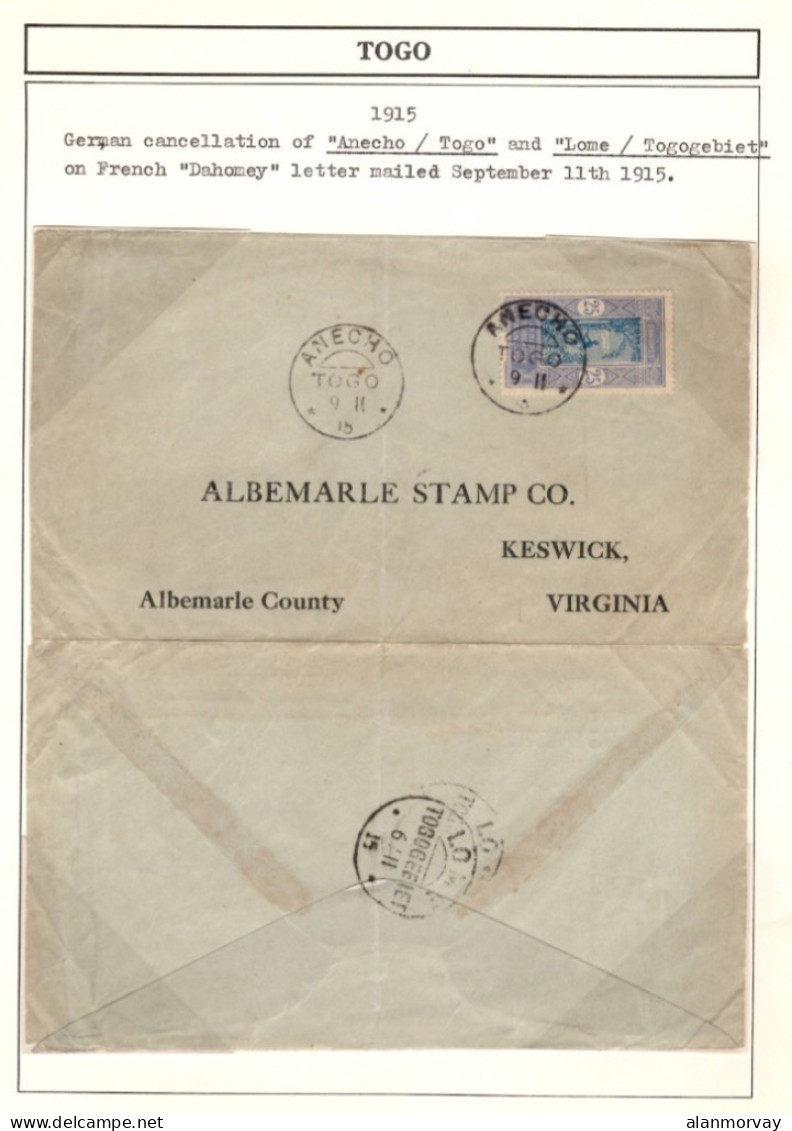 Togo / Dahomey - November 9, 1915 Aneho, Togo With A Dahomey Stamp To USA - Cartas & Documentos