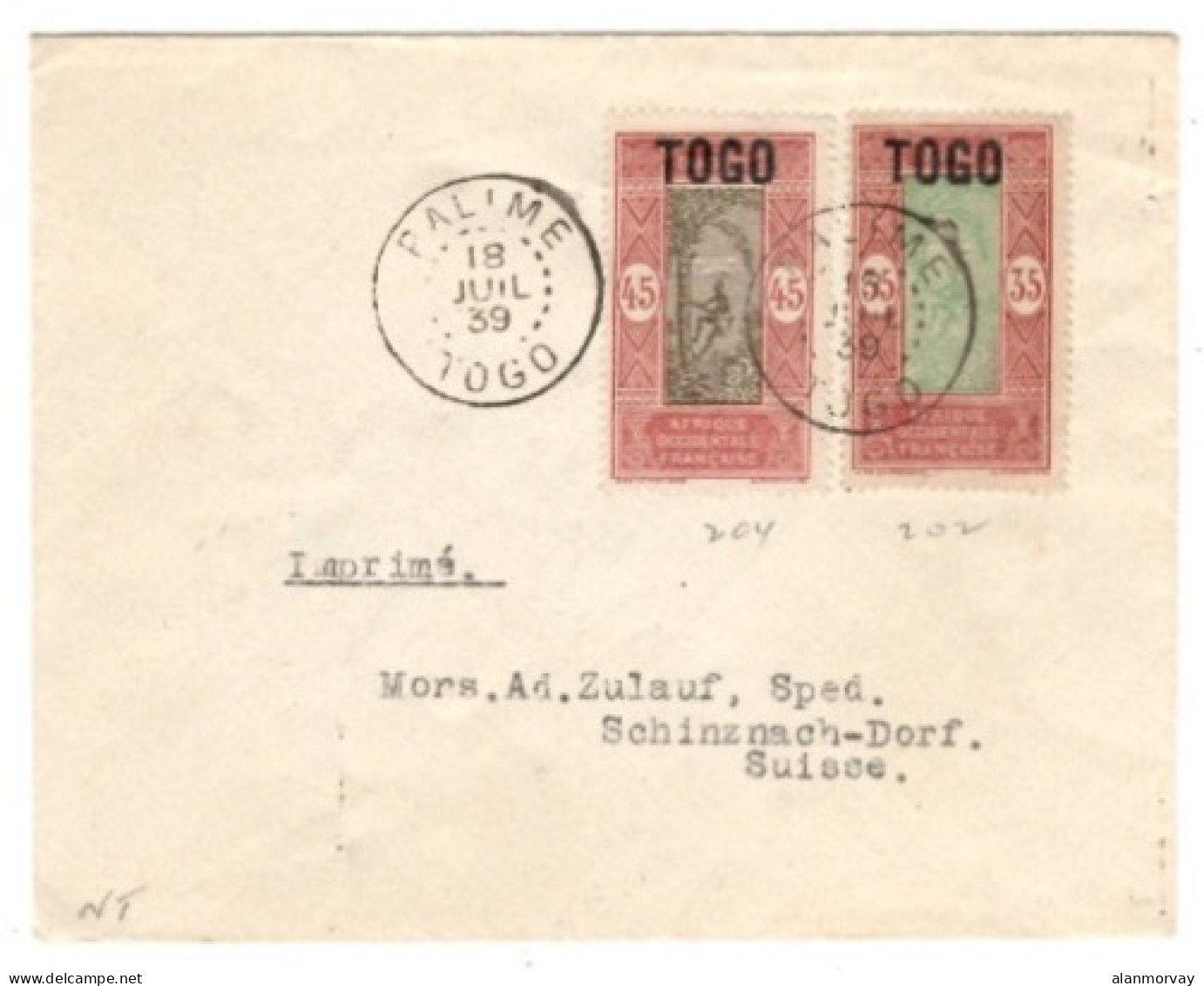 Togo - July 18, 1939 Palime Cover To Switzerland - Cartas & Documentos