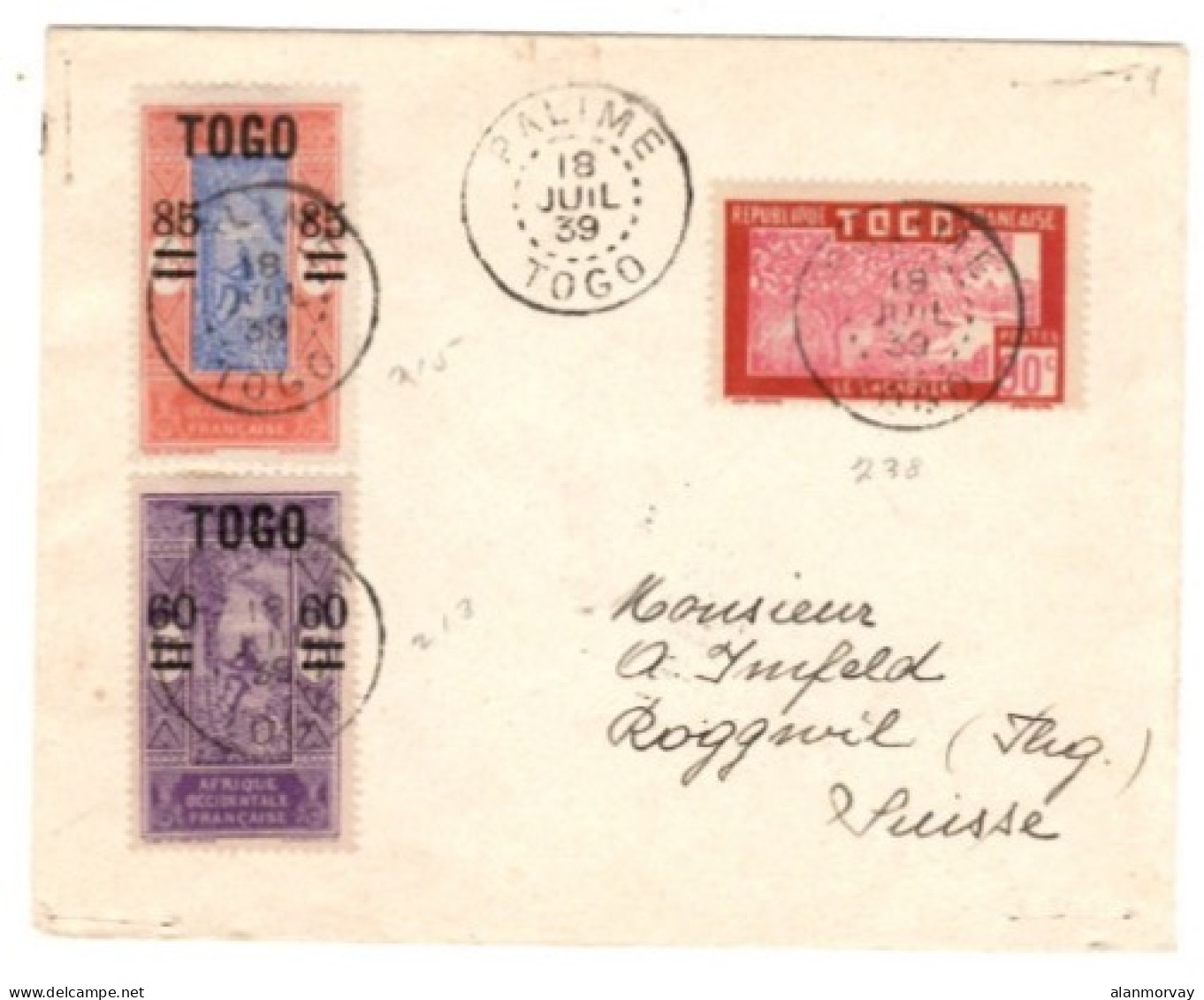 Togo - July 18, 1939 Palime Cover To Switzerland - Briefe U. Dokumente