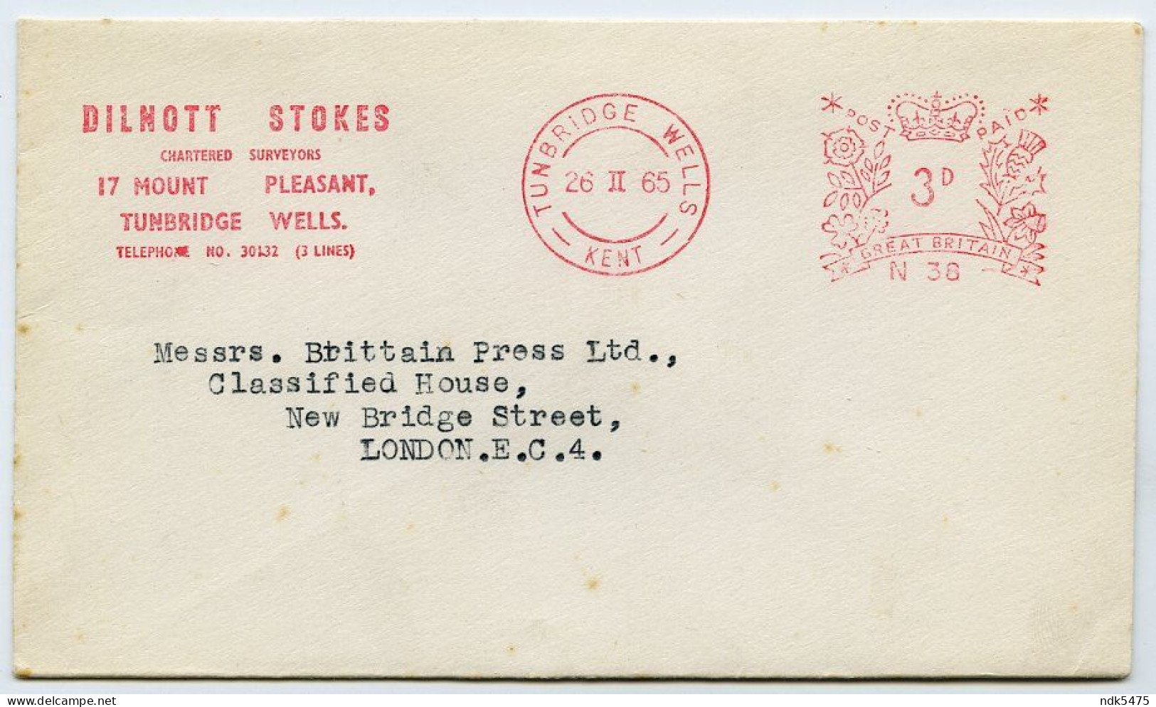 DILNOTT STOKES, CHARTERED SURVEYORS, TUNBRIDGE WELLS / LONDON, NEW BRIDGE STREET, BRITTAIN PRESS MACHINE FRANKING 1965 - Machines à Affranchir (EMA)