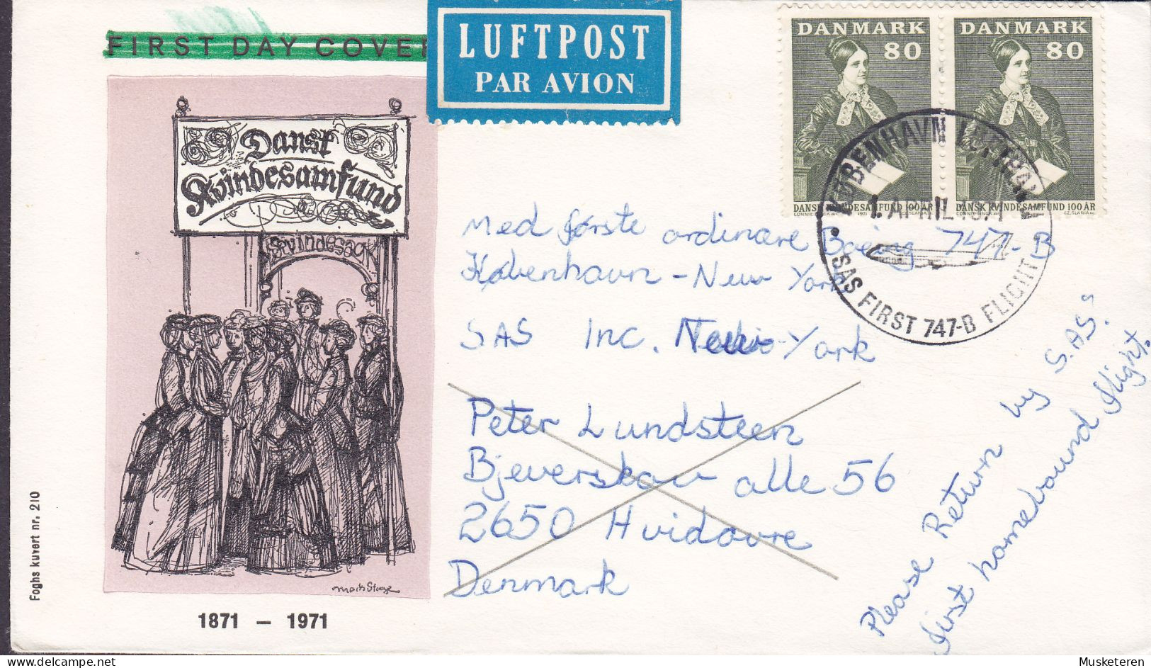 Denmark LUFTPOST PAR AVION Label SAS FIRST 747-B FLIGHT, KØBENHAVN LUFTHAVN 1971 Danish Women Society Stamps - Posta Aerea