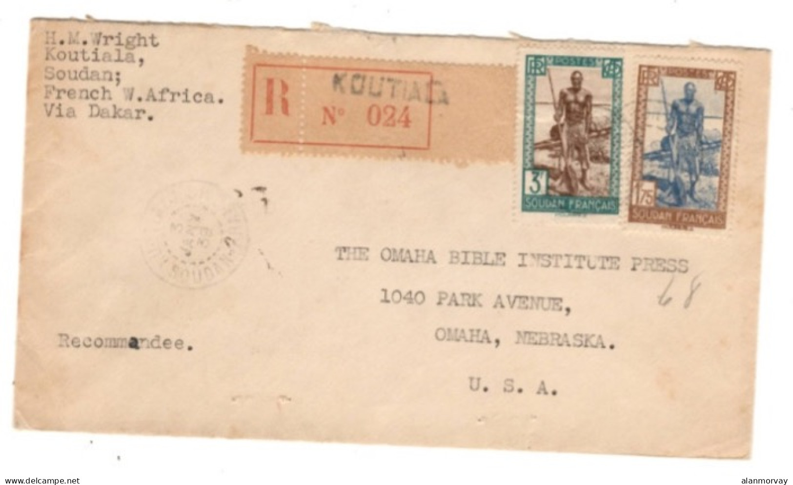 French Sudan - 1939 Registered Koutiala Cover To The USA - Briefe U. Dokumente