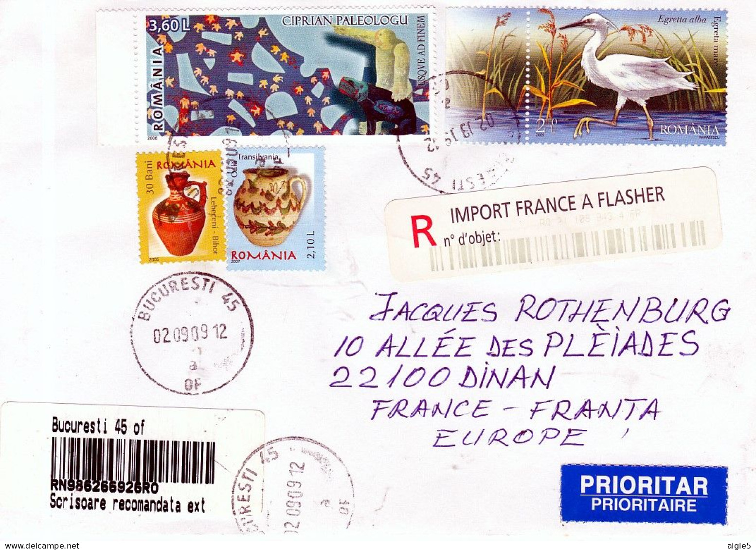 1999. ROUMANIE.Lettre Recommandée.Aigrette Dans Les Roseaux. Vases...CIPRIAN PALEOLLOGUE - Covers & Documents