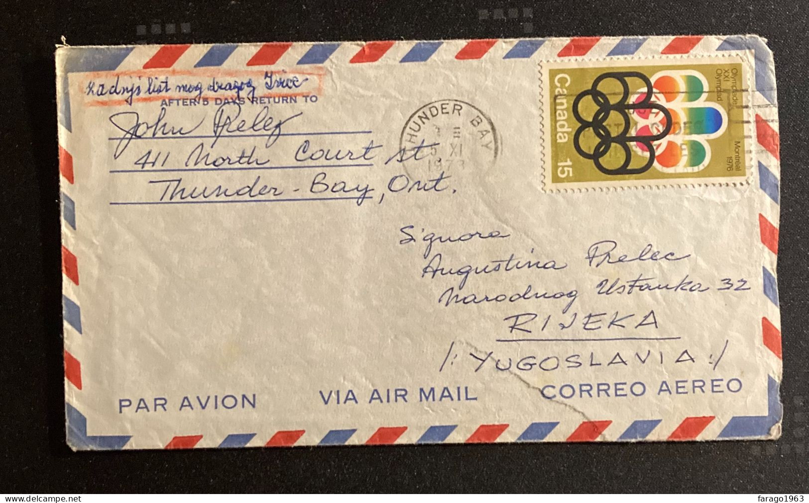 1976 Canada 15c Montreal Olympics On Commercial Airmail Cover To Yugoslavia - Storia Postale