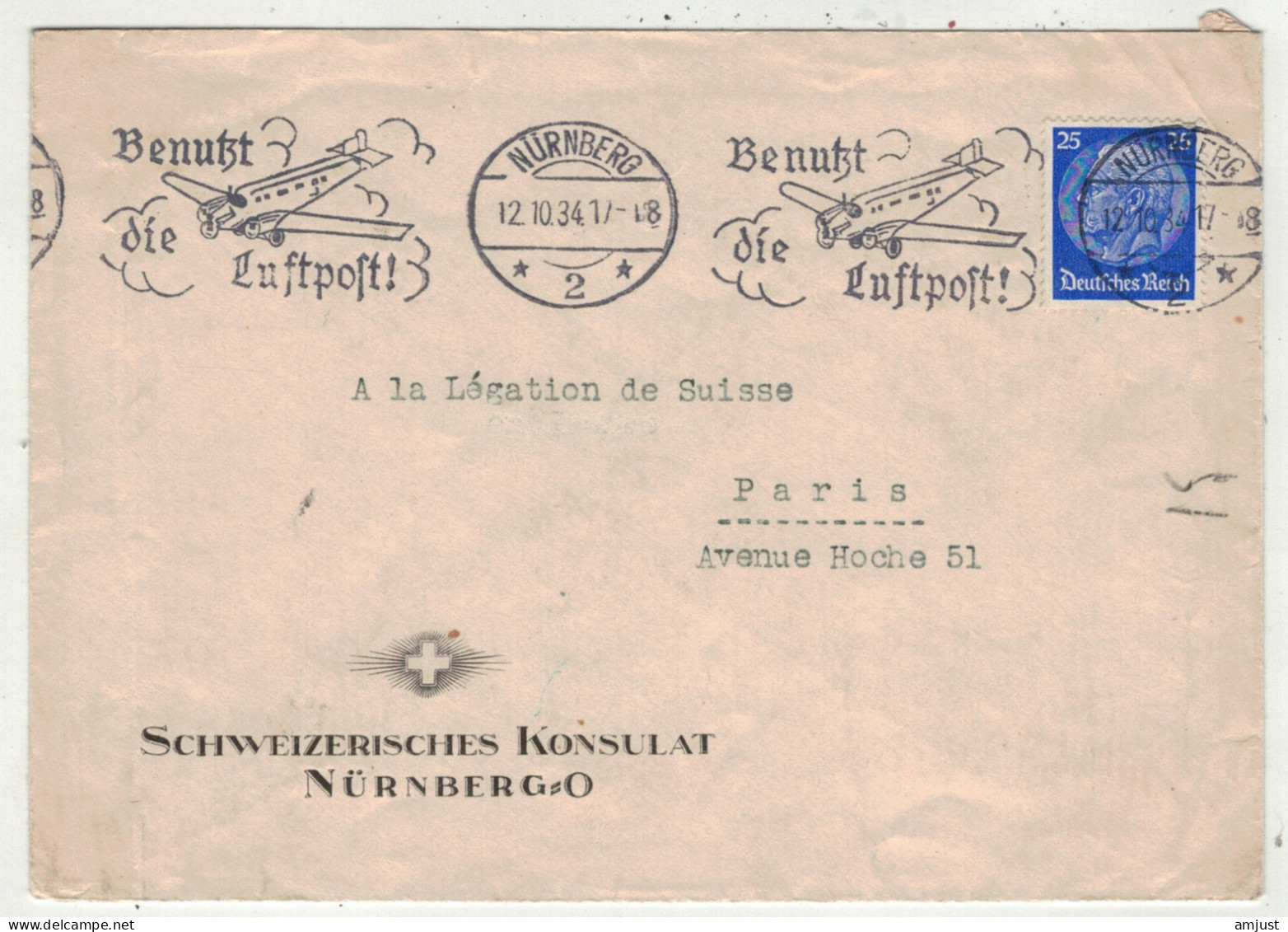 Allemagne //  1933-1945 // IIIe Reich // Lettre Par Avion De Nürnberg Pour Paris Le 12.10.1934 - Covers & Documents