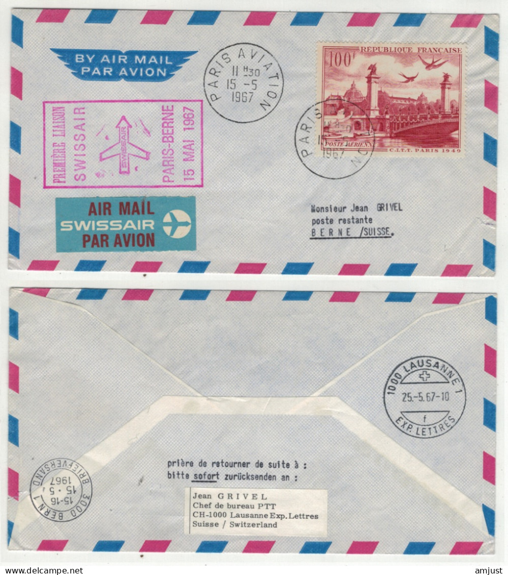 France // Poste Aérienne // 1er Vol "SWISSAIR" Paris-Berne 15.05.1967 - First Flight Covers