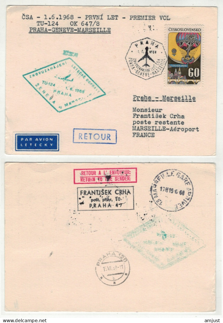 Tchécoslovaquie // Poste Aérienne // 1968 // 1er Vol Praha-Genève-Marseille - Luchtpost