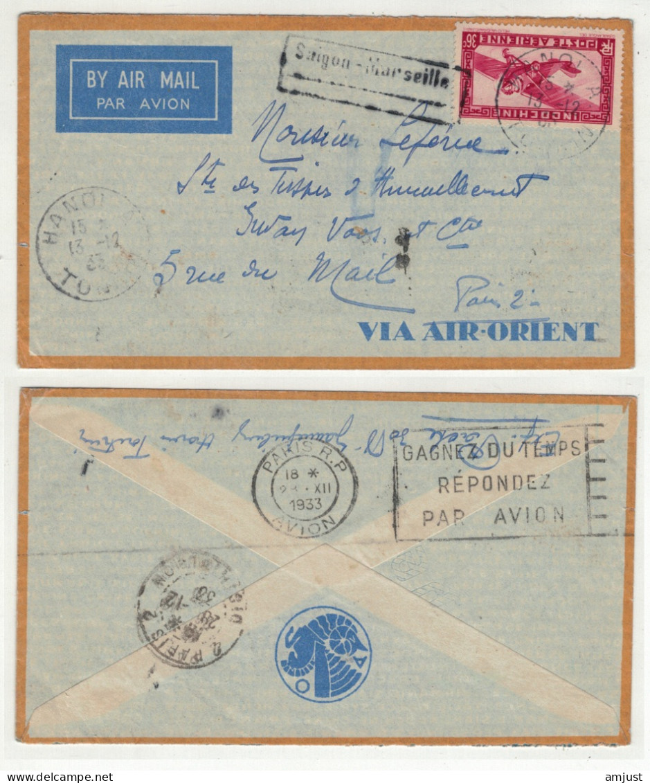 France // Ex-colonies & Protectorat // Indochine // Lettre Par Avion De Hanoï, Vol Saigon-Marseille - Poste Aérienne