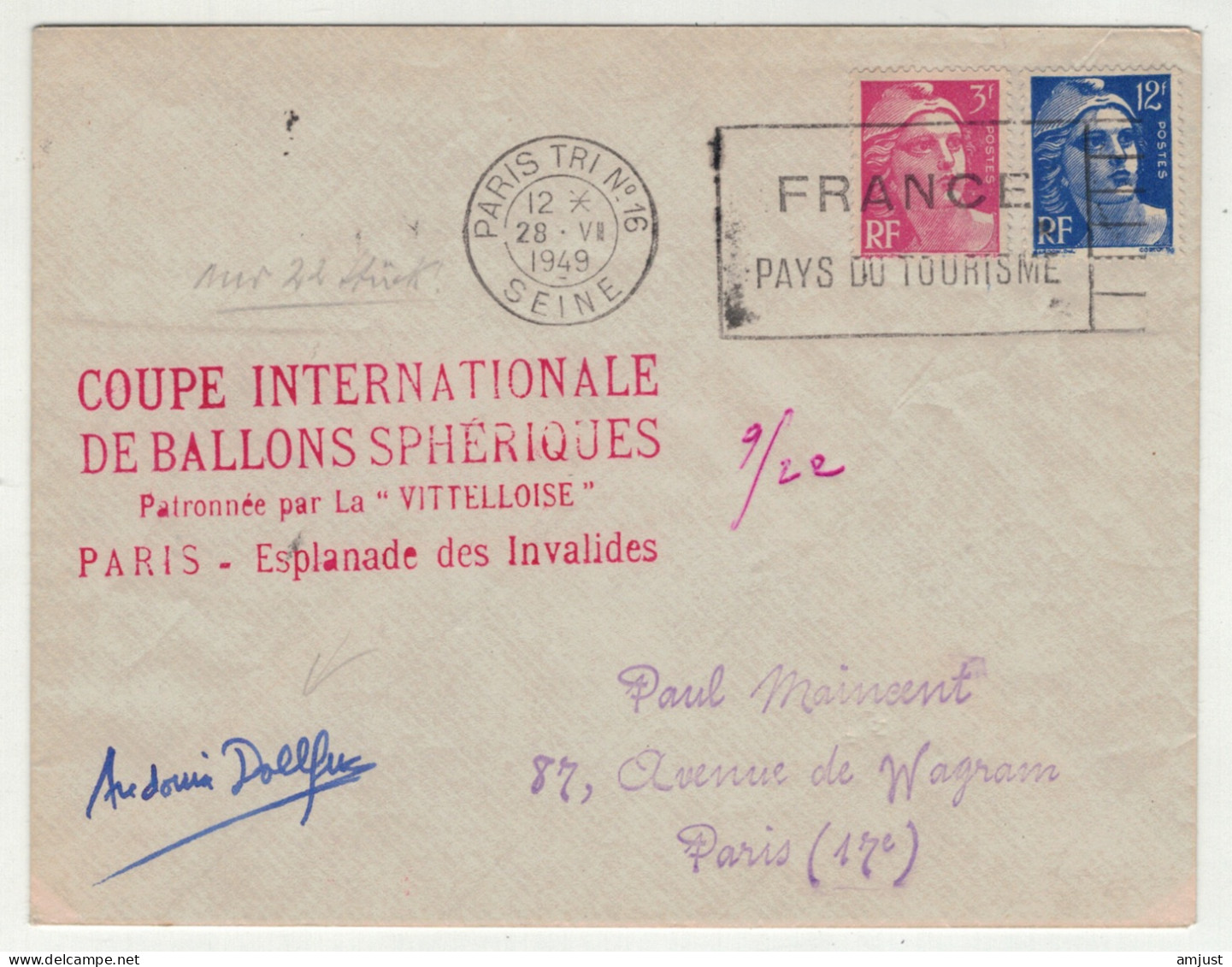 France // Poste Aérienne // Lettre Pour Paris ,Coupe Int. De Ballons Sphériques, Esplanade Des Invalides (Tirage 22 Ex.) - Other & Unclassified