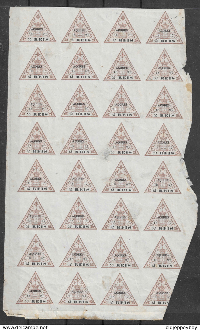 1897 FULL SHEET OF 28  Revenue / Fiscaux / Fiscal, Portugal -|- Contribuição Industrial 1896 / 2 Rs. AÇORES OVERPRINT  - Neufs