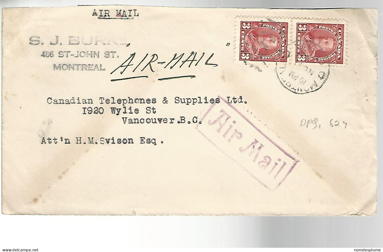 52053 ) Cover Canada Postmark  Duplex Airmail - 1903-1954 Reyes