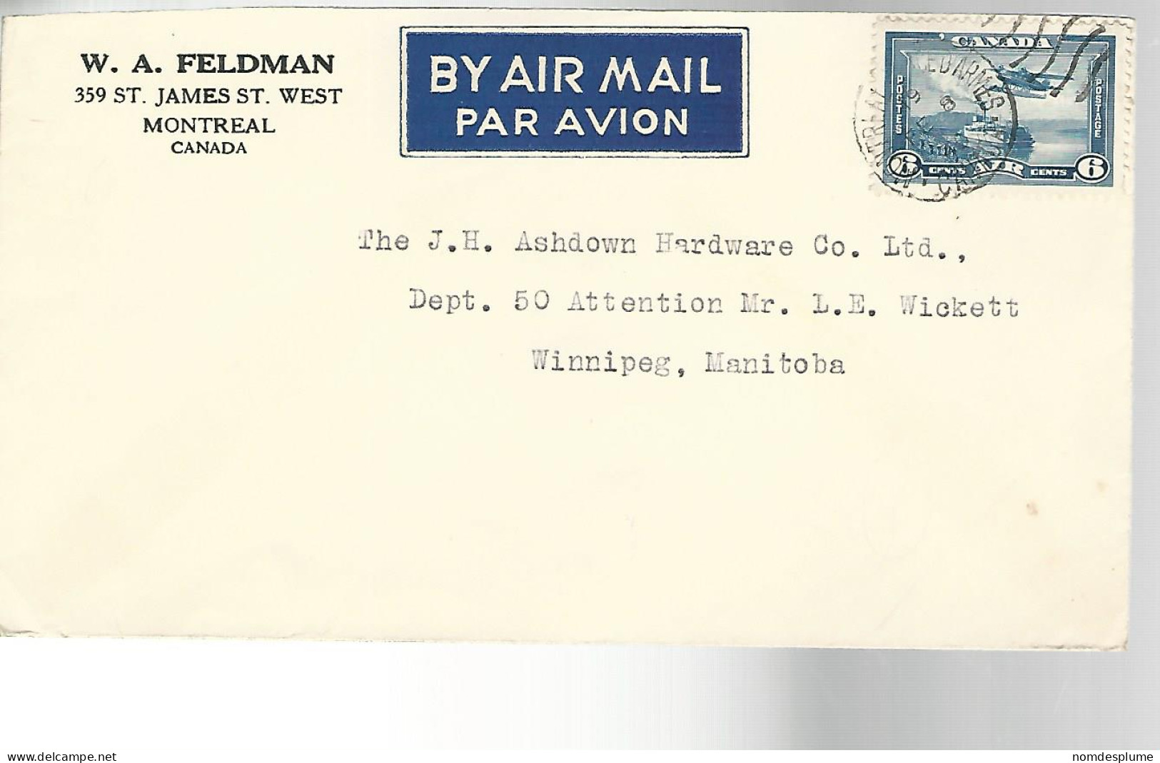 52054 ) Cover Canada Postmark  Duplex Airmail - 1903-1954 Reyes