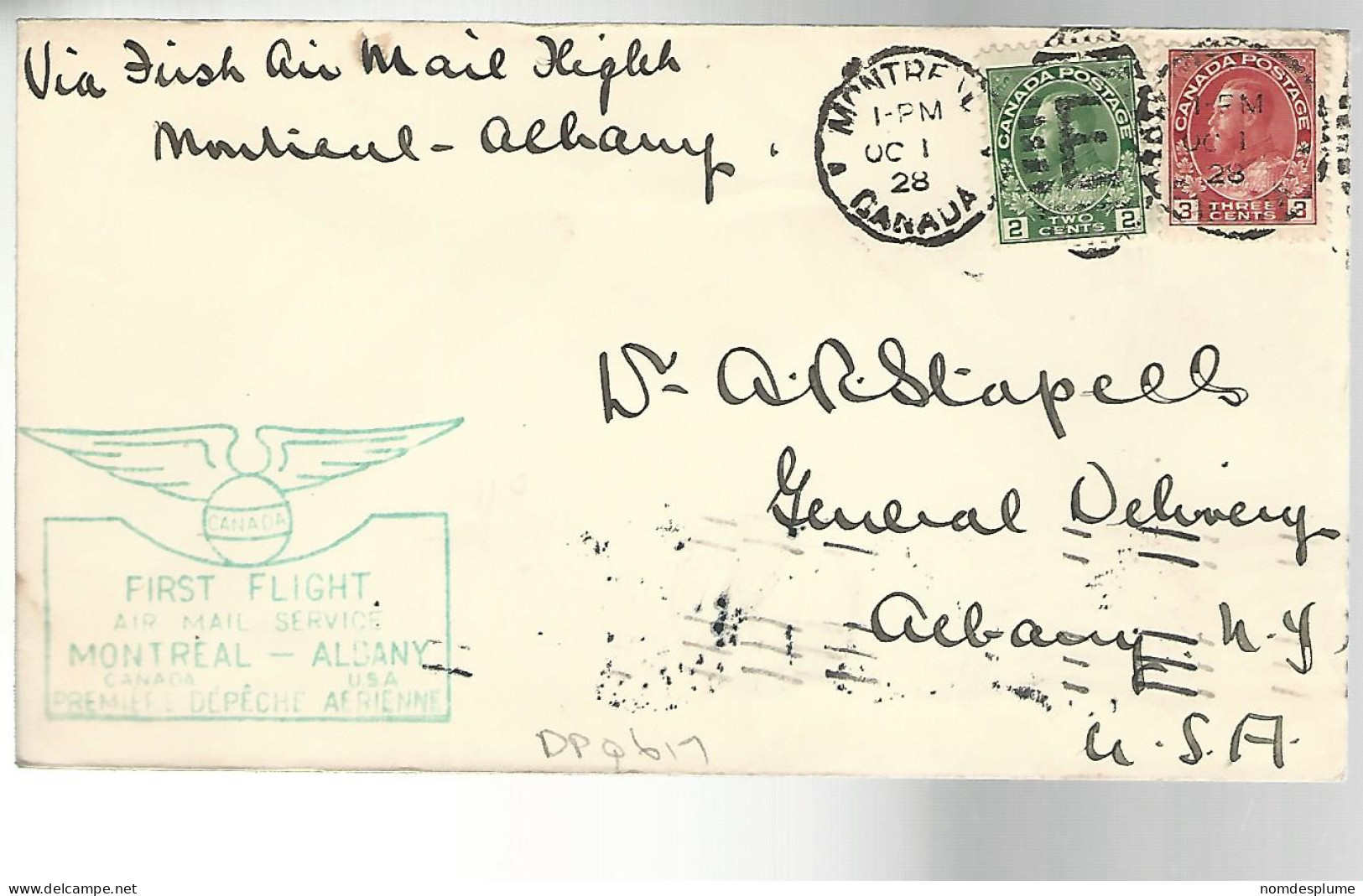 52058 ) Cover Canada First Flight Montreal - Albany Postmark - First Flight Covers