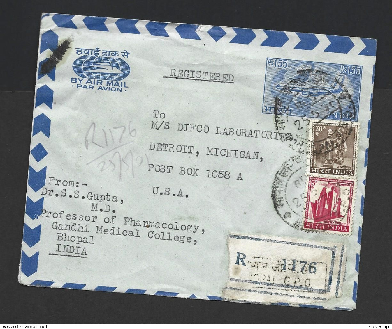 India 1971 Prepaid 1R55 Plane Airletter Registered & Commercially Used Bhopal To Detroit USA , Uprated 1R95 - Enveloppes