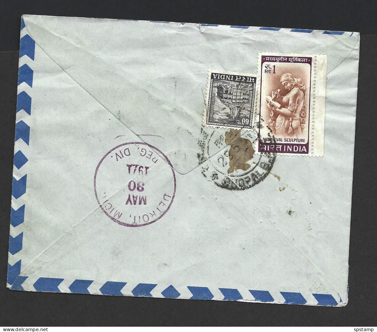 India 1971 Prepaid 1R55 Plane Airletter Registered & Commercially Used Bhopal To Detroit USA , Uprated 1R95 - Omslagen