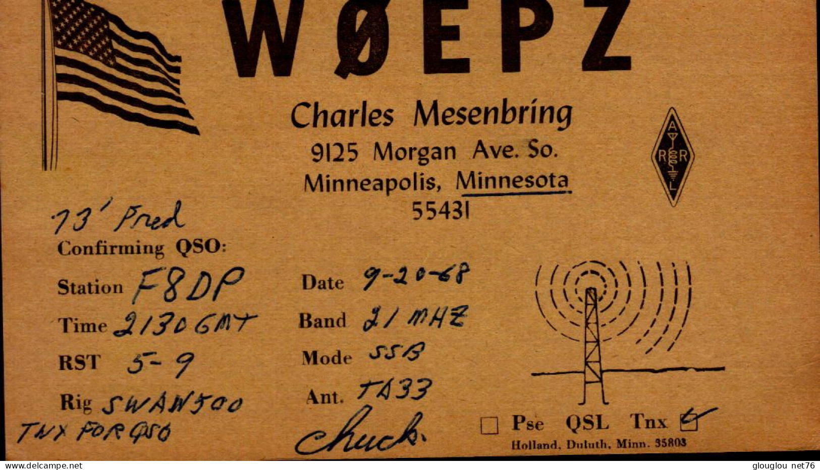 CARTE QSL...W O E P Z  MINNEAPOLIS,MINNESOTA  1968 - Radio