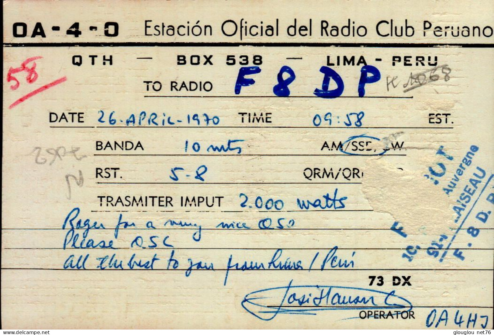 CARTE QSL..LIMA PEROU...OA4O .1970 - Radio