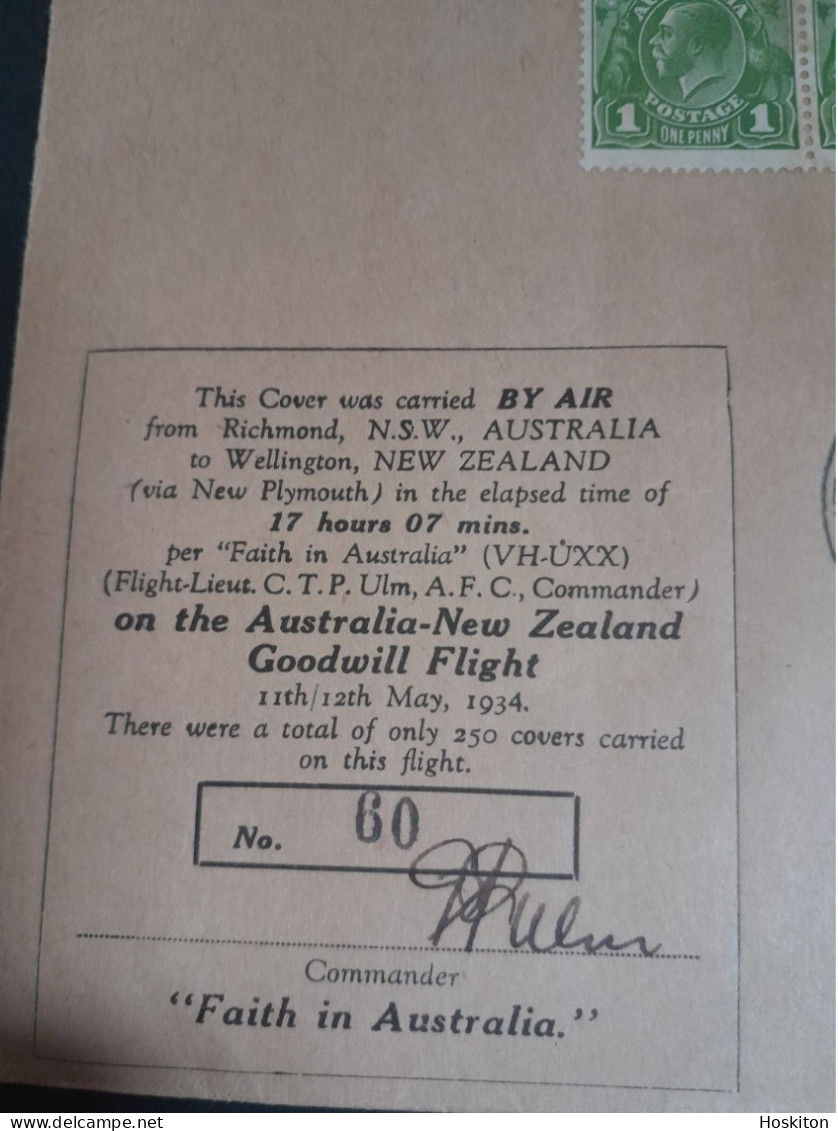 11 May 1934 Sydney-Wellington VH-UXX Faith In Australia Goodwill Flight. - Cartas & Documentos