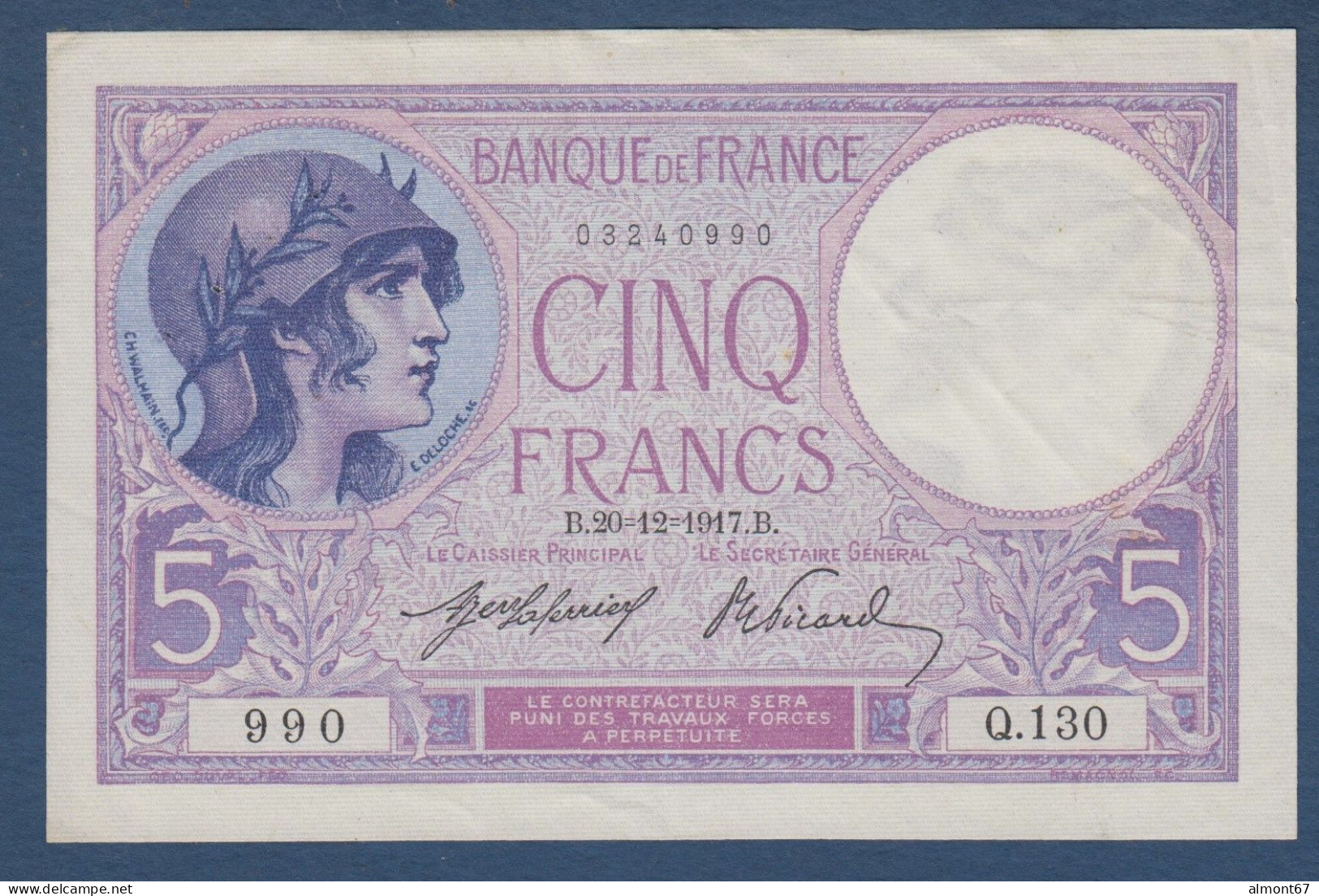 5 Francs  Violet   Du  20 - 12 - 1917 - 5 F 1917-1940 ''Violet''