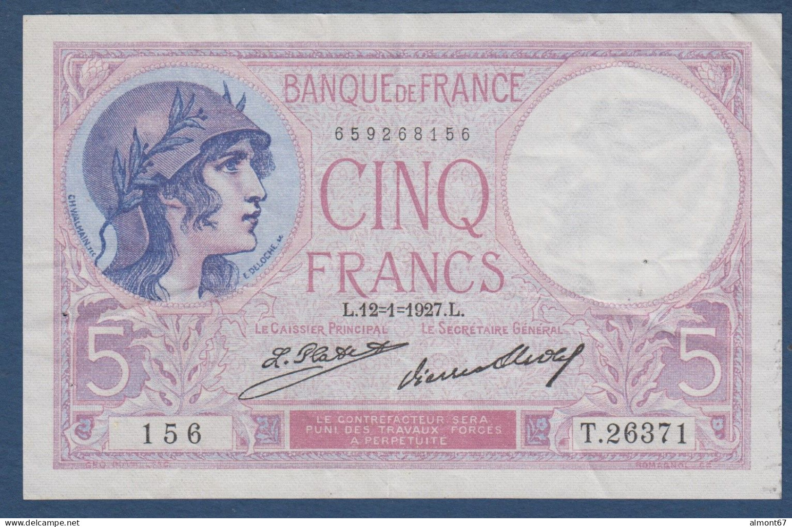 5 Francs  Violet   Du  12 - 1 - 1927 - 5 F 1917-1940 ''Violet''