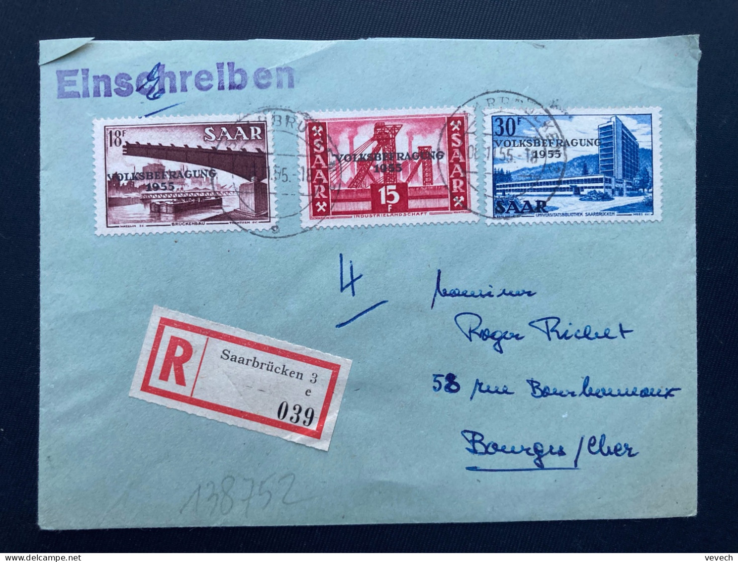 LR TP 30F + 15F + 18F Surchargés VOLKSBEFRAGUNG 1965 OBL.08 11 55 SAARBRUCKEN - Storia Postale