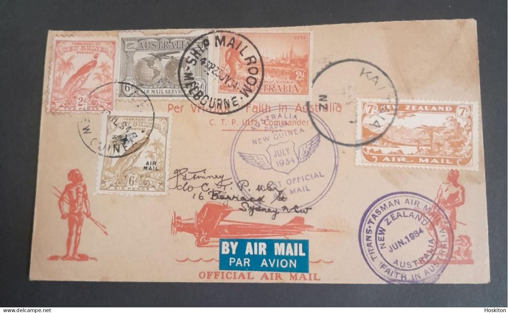 2 July 1934 Kaitaia-Sydney-Papua New Guinea &return Flight To Australia VH-UXX Faith In Australia - Cartas & Documentos