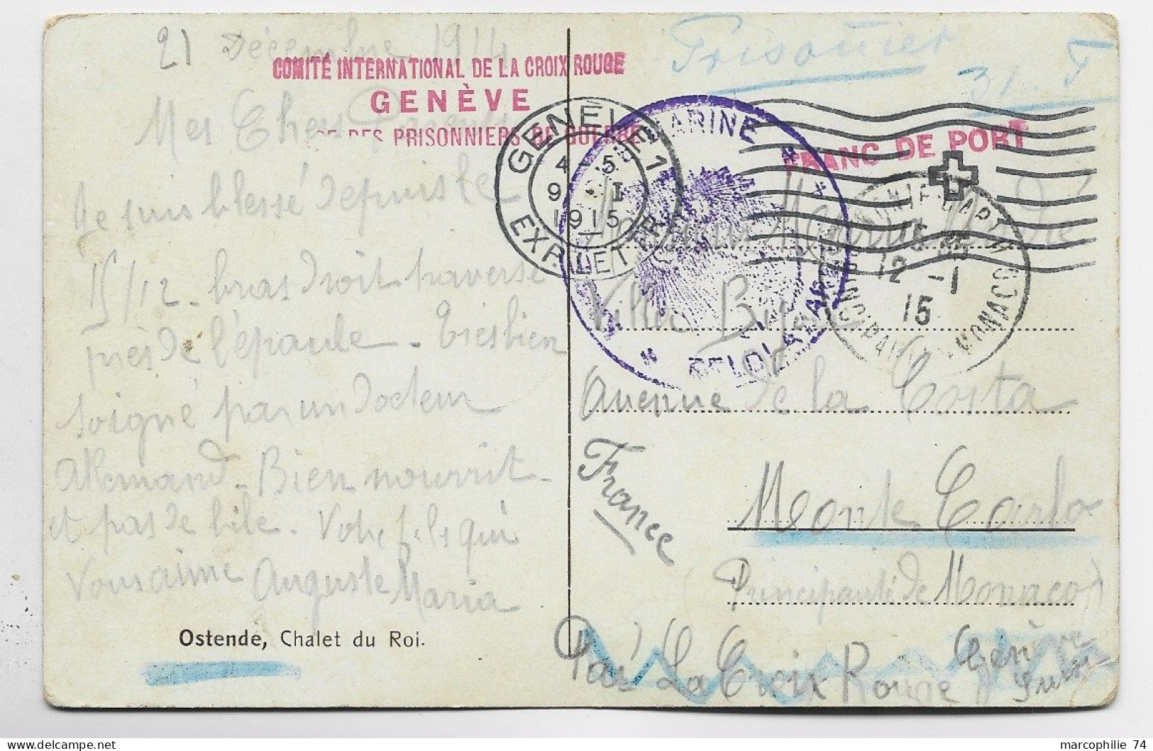 HELVETIA SUISSE CARD BELGIQUE OSTENDE TO MONTE CARLO MONACO VIA GENEVE SUISSE HELVETIA PRISONNIER - Postmarks