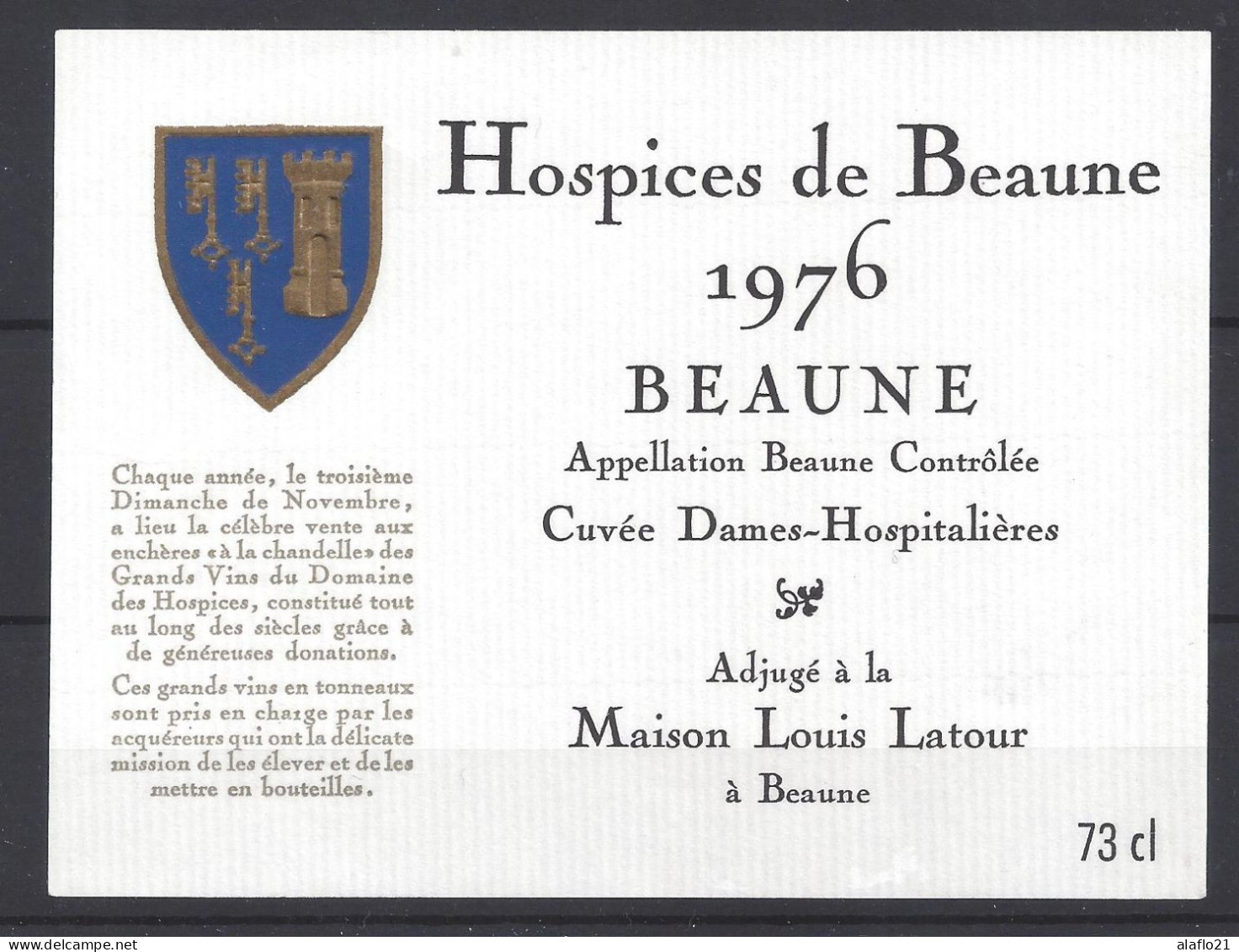 ETIQUETTE - HOSPICES De BEAUNE - BEAUNE Cuvée Dames Hospitalières 1976 - Louis Latour - Bourgogne