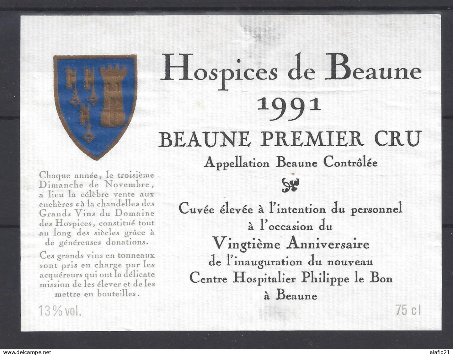 ETIQUETTE - HOSPICES De BEAUNE - BEAUNE 1er CRU 1991 - Cuvée Du Personnel - Bourgogne