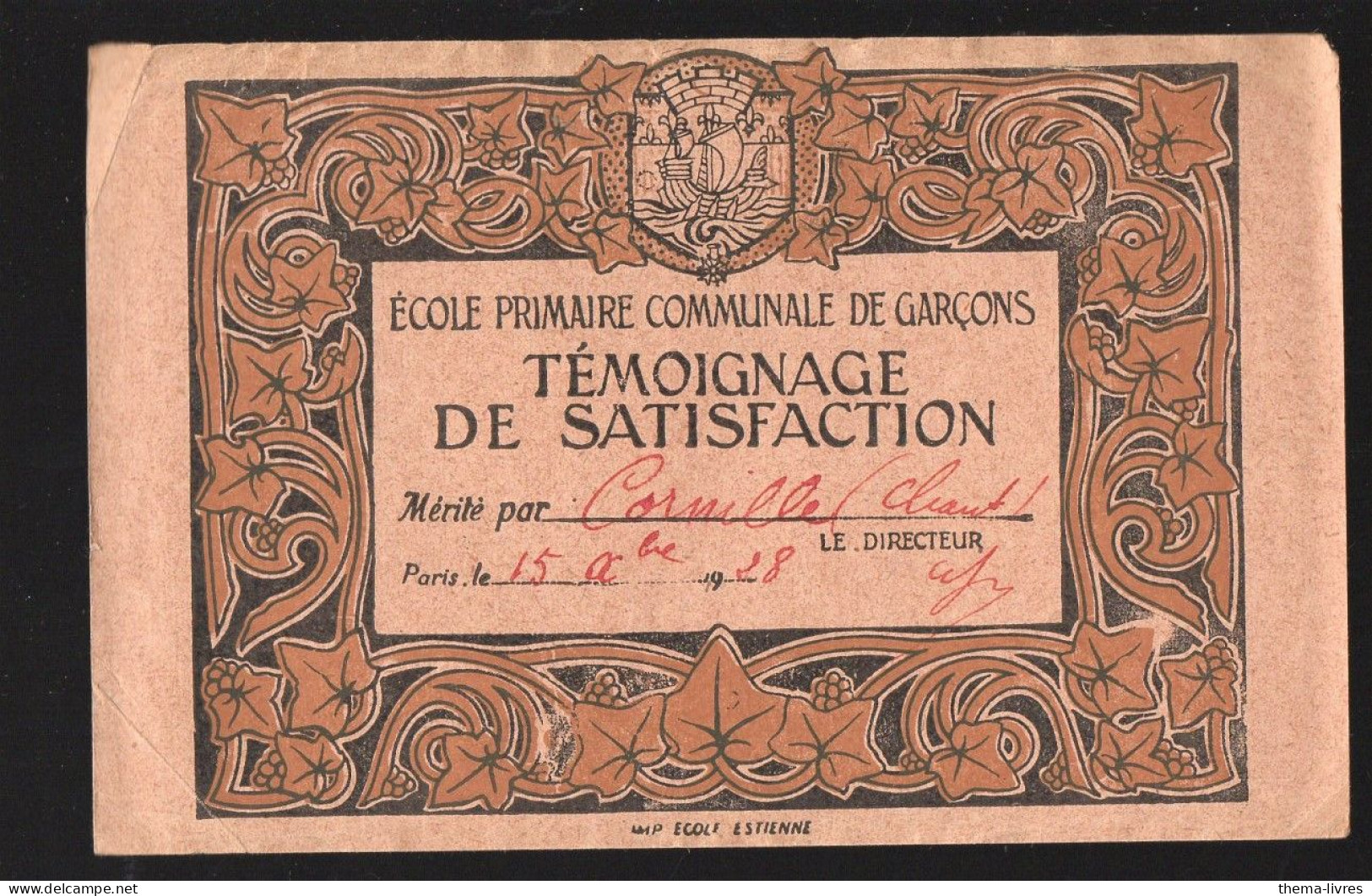 Paris  école Estienne  Témoignage De Satisfaction  (PPP44376) - Diplômes & Bulletins Scolaires