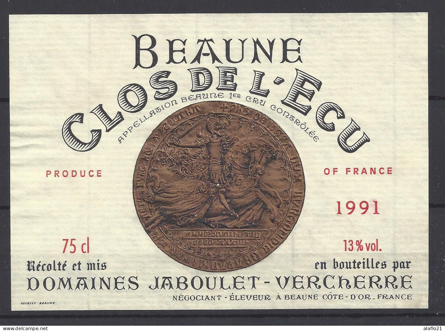 ETIQUETTE BEAUNE CLOS De L'ECU 1991 - Jaboulet-Vercherre - Bourgogne