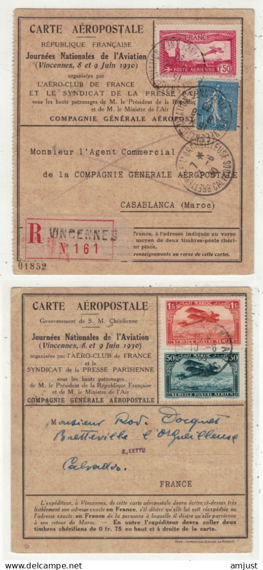 France // Poste Aérienne // Carte Aéropostale Recommandée De Vincennes à Casablanca, Journées Du 8 Et 9 Juin 1930 - 1927-1959 Lettres & Documents