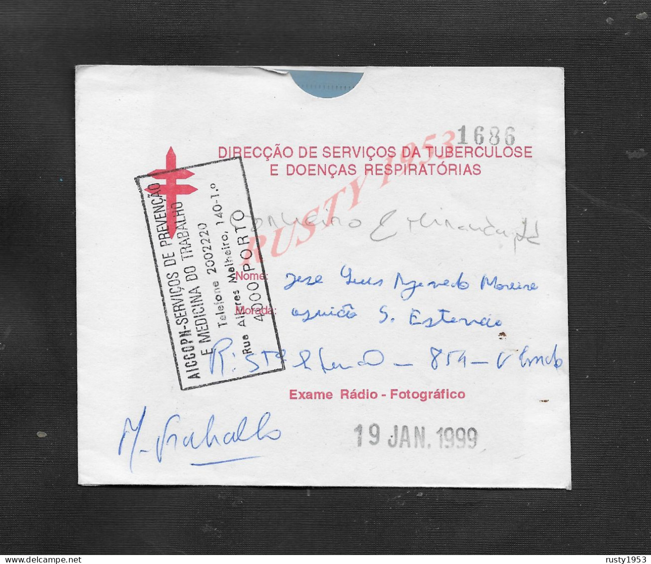 PORTUGAL LETTRE MARCOPHILE 1999 SERVICE TUBERCULOSE CACHET À PORTO MEDECINE DU TRAVAILLE : - Postal Logo & Postmarks