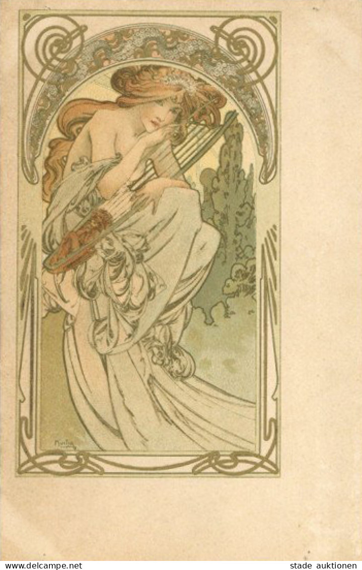 Mucha, Alfons 6. Serie Frau Mit Saiteninstrument II- (rs Beklebt, Nadellöcher) - Mucha, Alphonse