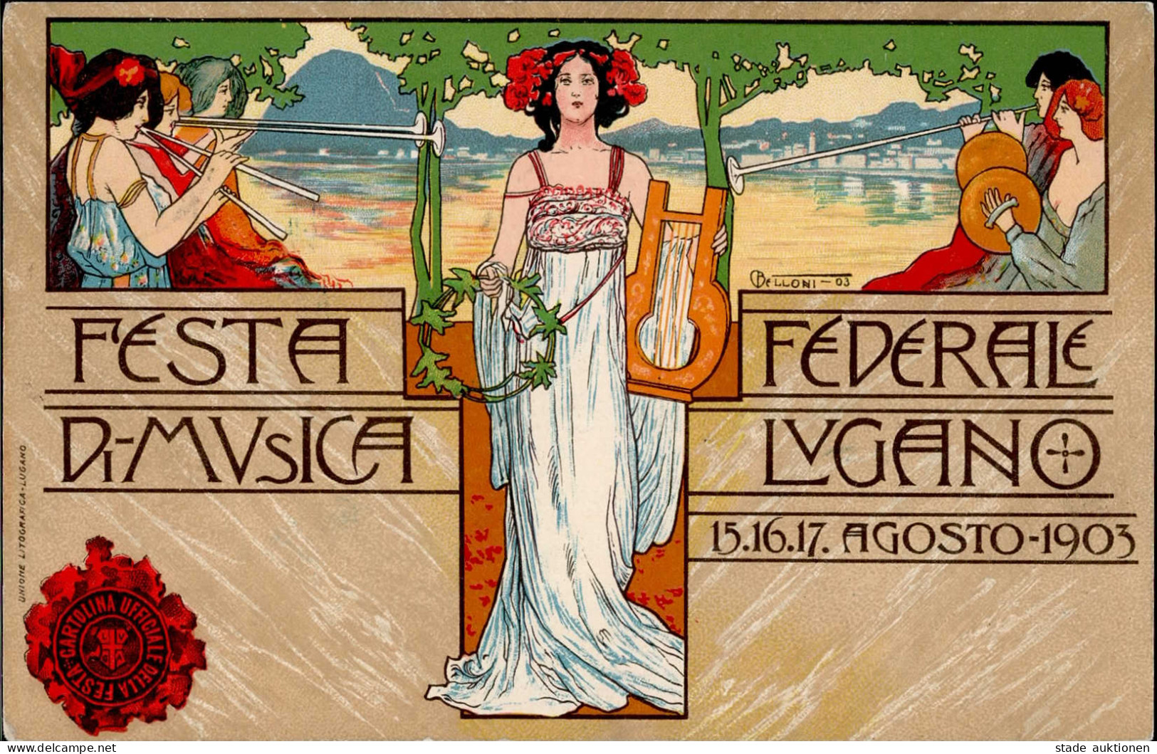 Jugendstil Sign. Belloni Lugano Festa Di Musica 1903 I-II Art Nouveau - Ohne Zuordnung