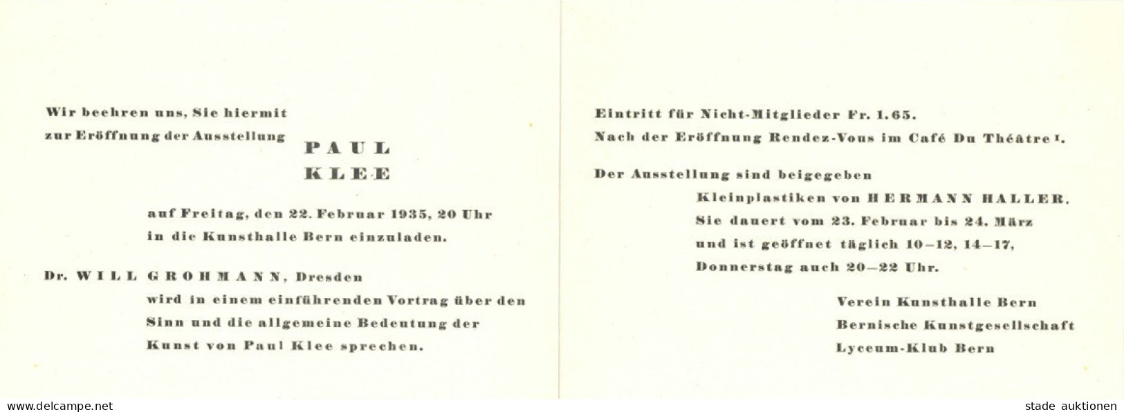 Klee, Paul Ausstellung Bern 1935 Einladungskarte I-II (rs Klebereste) Expo - Unclassified