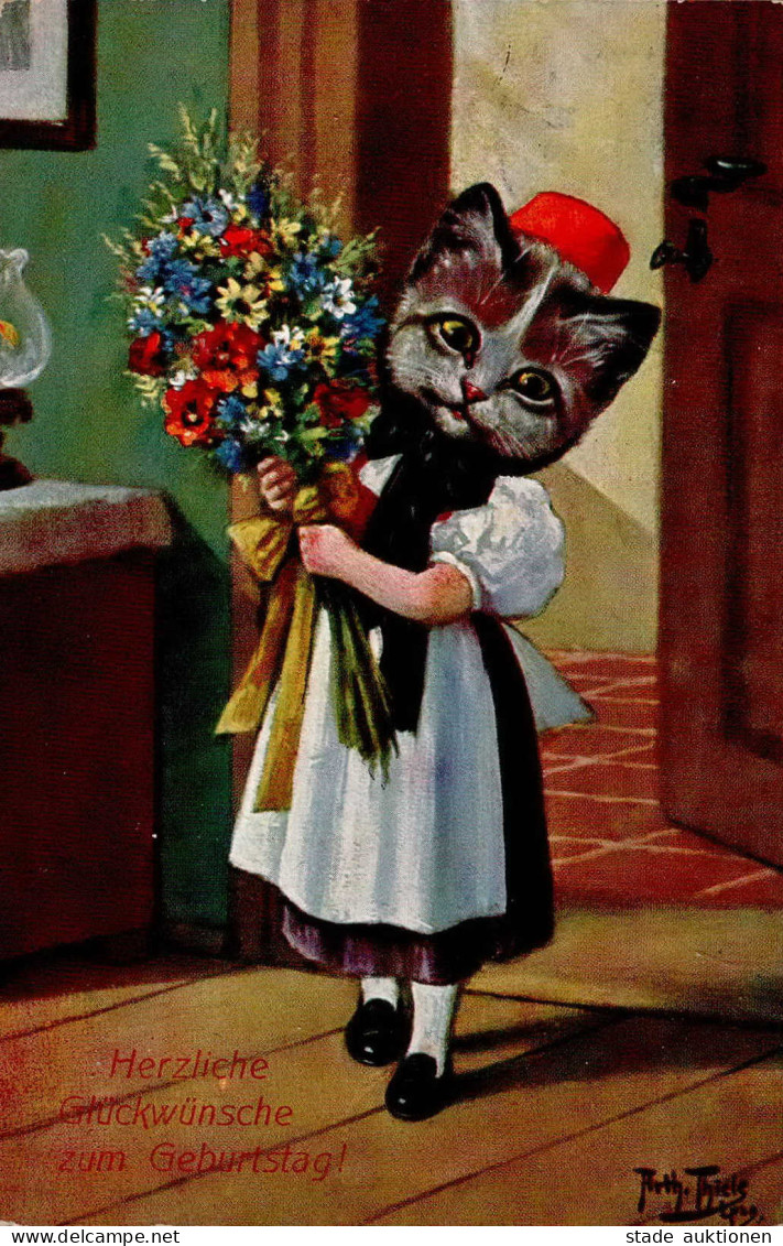 Thiele, Arthur Geburtstag Katze Vermenschlicht Tracht Blumen 1909 I-II (Randabschürfungen, Ecken Abgestossen) Chat - Thiele, Arthur